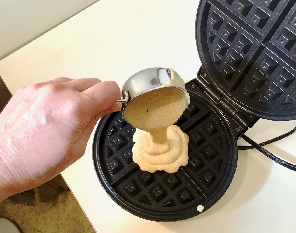 Drop 1/2 cup batter onto the hot waffle iron. Delightfully Crispy Pumpkin Cornmeal Waffles/Fat-Free, Gluten-Free, Vegan--beansriceeverythingnice.weebly.com