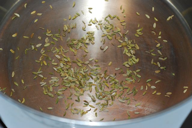 Toast the fennel seed in a dry soup pot