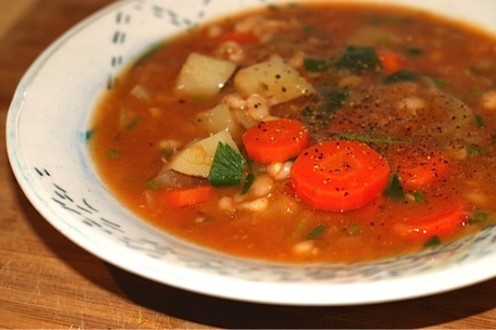 Close-up of Greek White Bean Soup (Fasolada)-Instant Pot/Fat-Free, Gluten-Free, Vegan