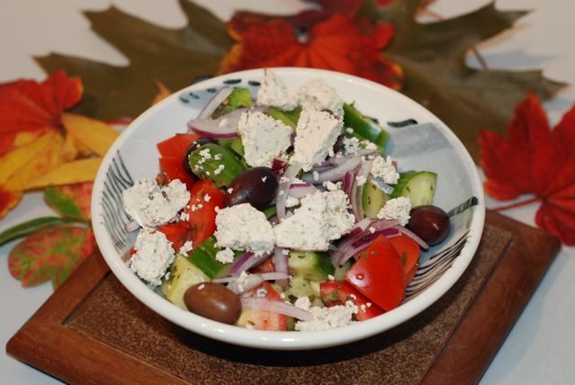 Finished Homemade Soy Feta on Greek Salad