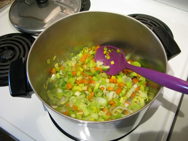 Steam sauteing the leeks, celery and carrots