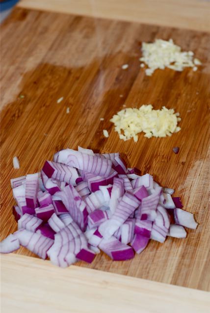 Diced onion, minced garlic, minced ginger