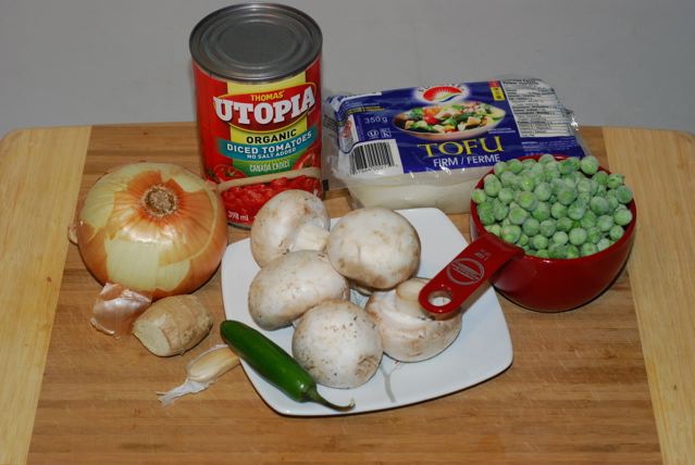 Ingredients for Mushroom and Pea Masala with Tofu Paneer