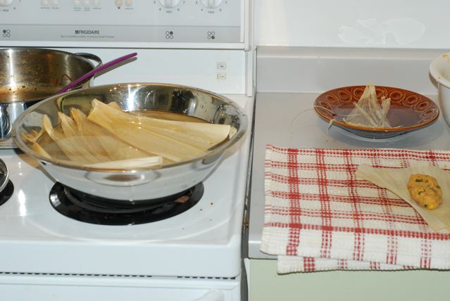 Assembly line 1: corn husk soaking in a bowl of water