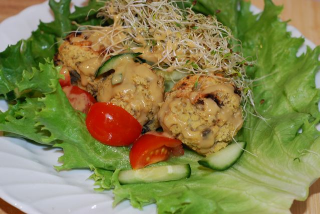 Lettuce wrap with Millet Balls, cucmber, tomatoes, sprouts, Sweet Mustard Dressing