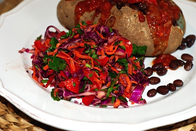 Jewel Cloured Rd Cabbage Slaw serve with a baked potato and salsa