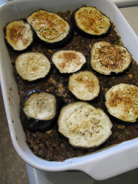 Lentil layer with eggplant on top