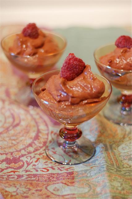 Close up of Chocolate Raspberry Banana Ice Dream in fancy dessert dishes
