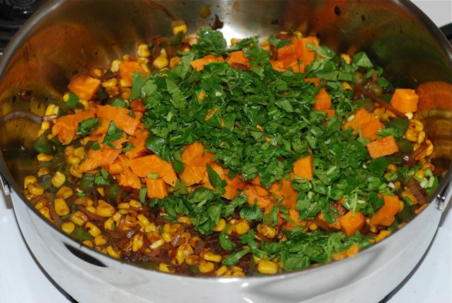 Add cilantro and sweet potato to the pan