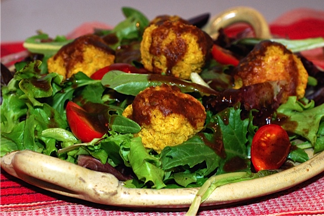 Salad of Curry Millet and Lentil Balls drizzled with Tamarind Date Sauce