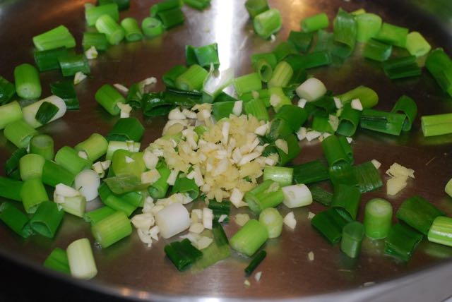 Dry saute the green onion, add minced garlic and ginger
