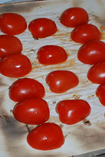 Cut tomatoes ready for the oven
