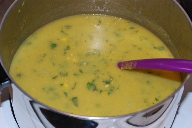 Finished Thai Corn and Sweet Potato Soup in the pot
