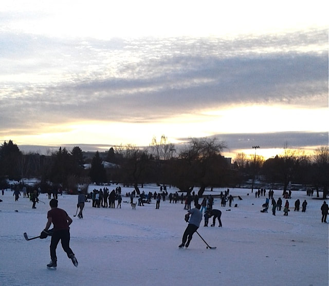 Winter 2017. Classic Canadian scene of skaters enjoying a hockey game on a frozen lake. / Happy Holidays from beansriceeverythingnice.weebly.com