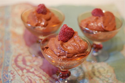Chocolate Raspberry Banana Ice Dream served in delicate glass dessert dishes. / Happy Holidays from beansriceeverythingnice.weebly.com